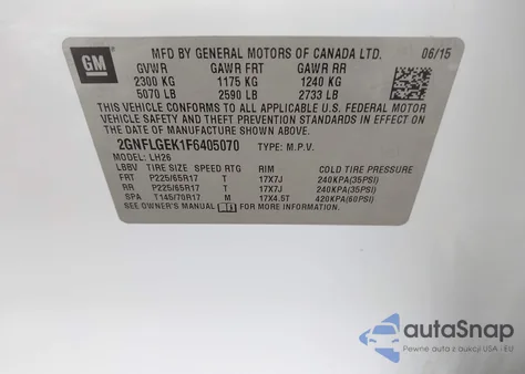 2015 Chevrolet Equinox 2Lt из США, поврежденный, VIN 2GNFLGEK1F6405070